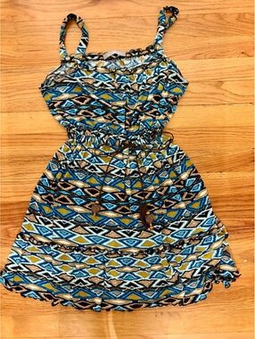 Y2K NY Collection Blue Tribal Print Boho Mini Dress Beaded Waist Tie Small